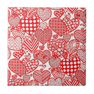 Romantic Polka Heart Doodle Red White Tile