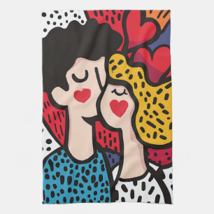 Romantic Pop Art Illustration of a Loving Couple Kitchen Towel