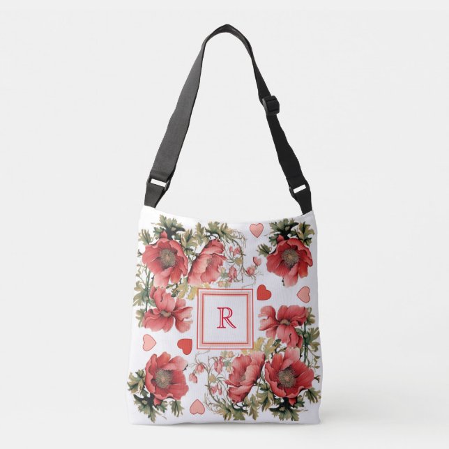 Romantic Poppies and Hearts Custom Monogram Crossbody Bag (Front)