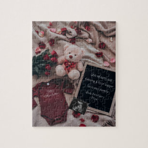 Romantic Pregnancy Announcement with Roses & Teddy Jigsaw Puzzle
