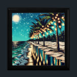 Romantic Pretty Coastal Art Gift Box<br><div class="desc">Pretty romantic coastal Ai art depicting a row of palm trees with illuminated white lights on them. A pretty reflection on the sandy beach and waves.</div>