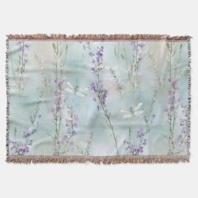 Romantic Pretty Lavender Flowers Dragonflies Throw Blanket (Front)