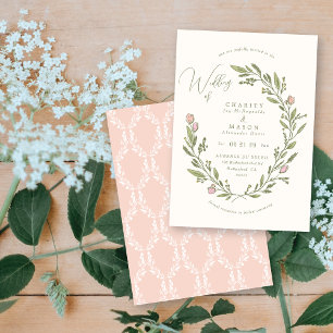 Romantic Pretty Pink Floral Crest Elegant Wedding Invitation