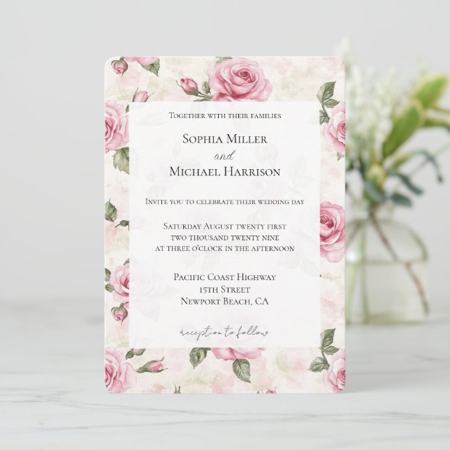 Romantic Pretty Pink Roses Floral Wedding Invitation (Standing Front)