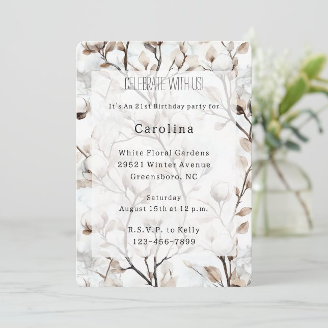 Romantic Pretty White Flowering Tree Birthday Invitation (Standing Front)