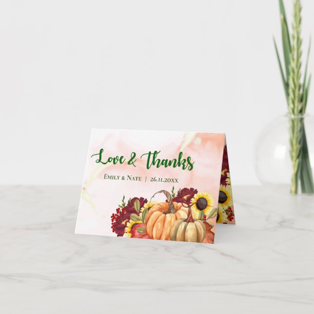 Romantic Pumpkin Autumn Leaves Fall Wedding Thank You Card (Front)