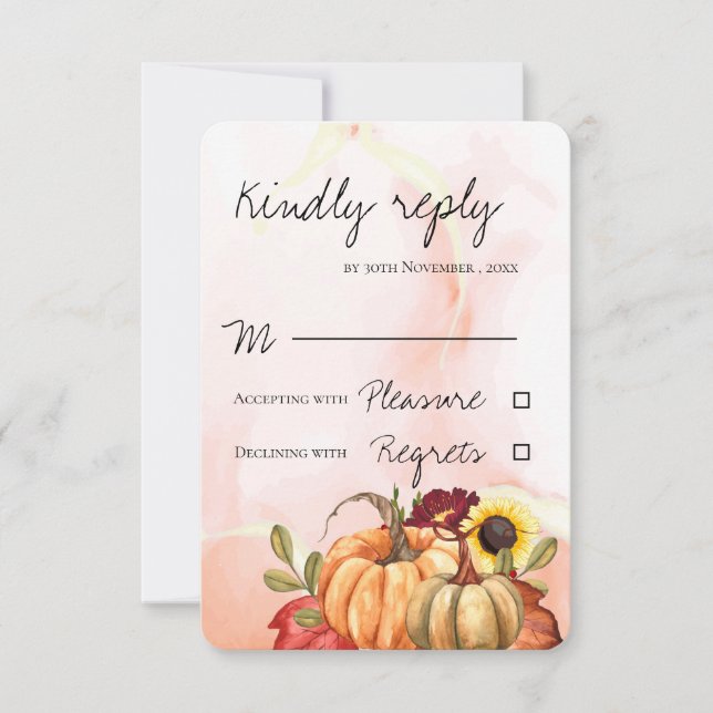 Romantic Pumpkin Sunflower Autumn Fall Wedding RSVP Card (Front)