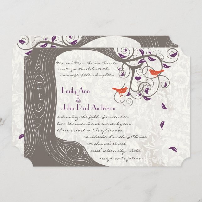 Romantic Purple and Coral Rustic Tree Lovebird Invitation (Front/Back)