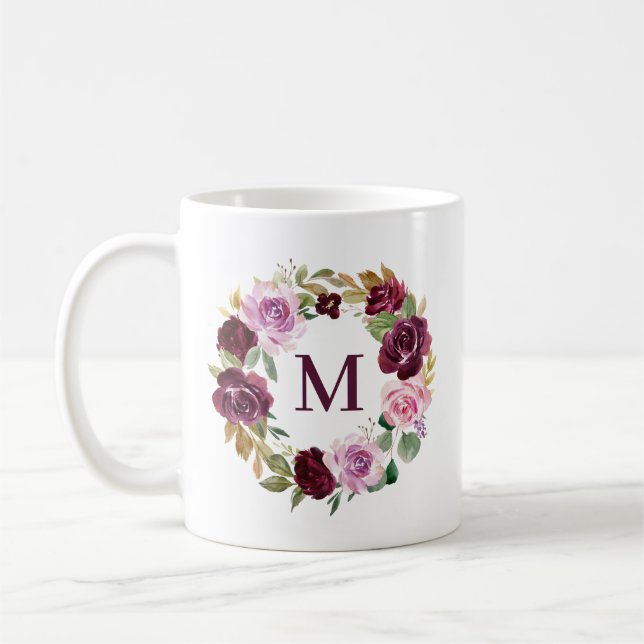 Romantic Purple Autumn Floral Wreath Monogram Coffee Mug (Left)