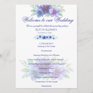 Romantic Purple Blue Botanical Watercolor Wedding  Program