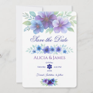 Romantic Purple Blue Botanical Watercolor Wedding Save The Date