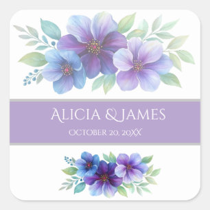 Romantic Purple Blue Botanical Watercolor Wedding Square Sticker