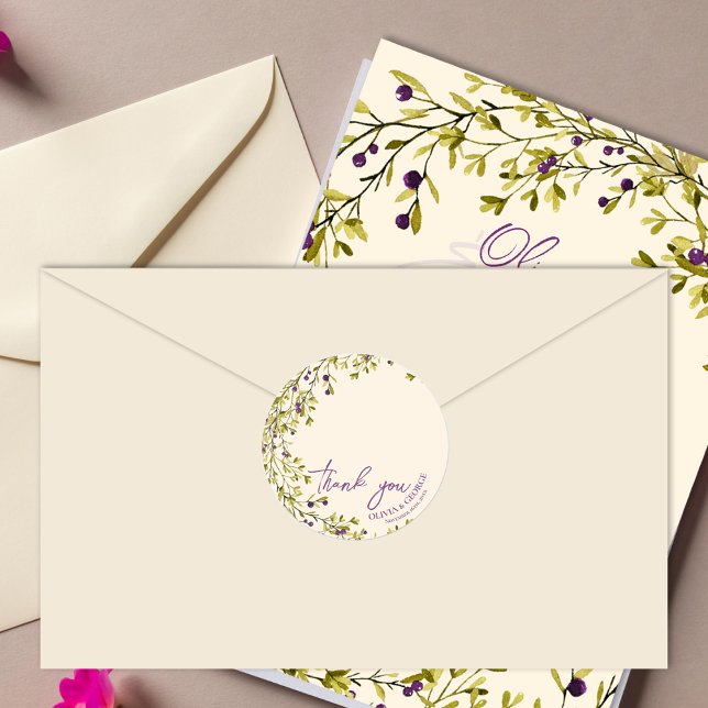 Romantic Purple & Blue Floral Wedding Thank You Classic Round Sticker (Romantic Purple & Blue Floral Wedding Thank You Classic Round Sticker)