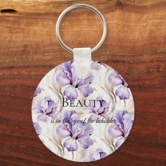 Romantic Purple Cream Iris Floral Beauty Quote Keychain (Front)