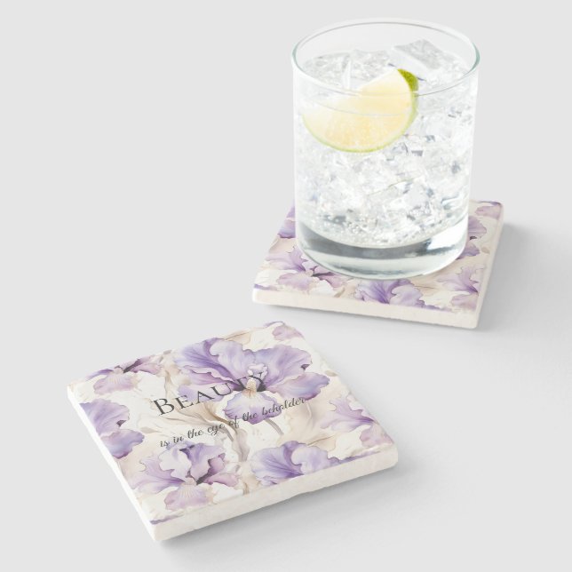 Romantic Purple Cream Iris Floral Beauty Quote Stone Coaster (Side)