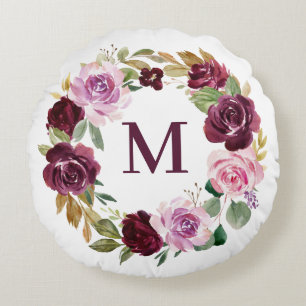 Romantic Purple Fall Floral Wreath Monogram Round Pillow