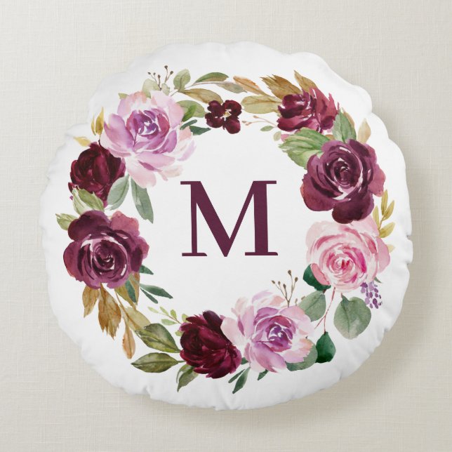 Romantic Purple Fall Floral Wreath Monogram Round Pillow (Front)