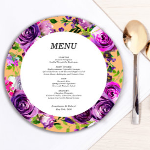 Romantic Purple Floral Round Menu Card