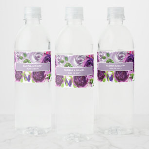 Romantic Purple Floral Water Bottle Label