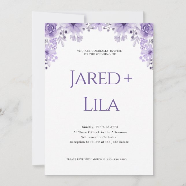 Romantic Purple Floral Wedding Invitation (Front)