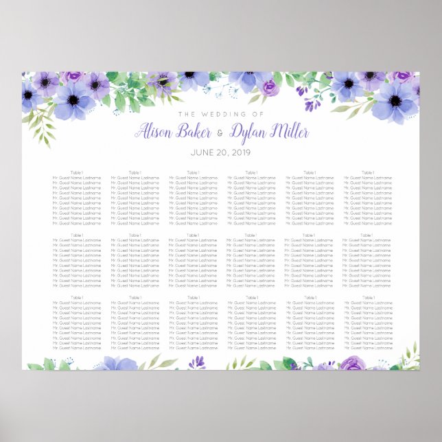 Romantic Purple Floral Wedding Seating Chart (Front)