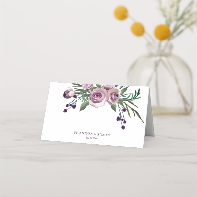 Romantic Purple Floral Wedding Table Name Place Place Card (Front)