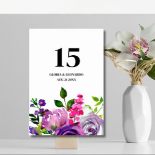 Romantic Purple Floral Wedding  Table Number