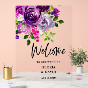 Romantic Purple Floral Wedding Welcome  Acrylic Sign