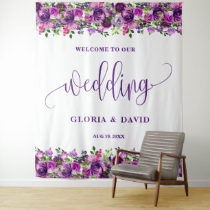 Romantic Purple Floral Wedding Welcome Sign  Tapestry