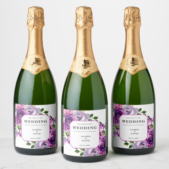 Romantic Purple Floral Wedding Wine Label (Bottles)
