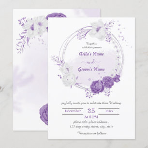 romantic purple flower boanical wreath wedding invitation