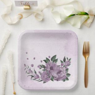 romantic purple flowers botanical paper plate