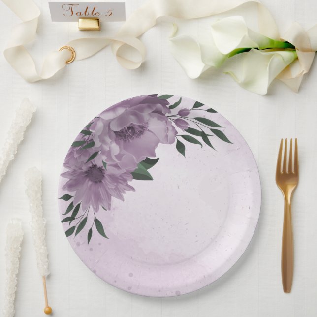 romantic purple flowers botanical  paper plate (Wedding)