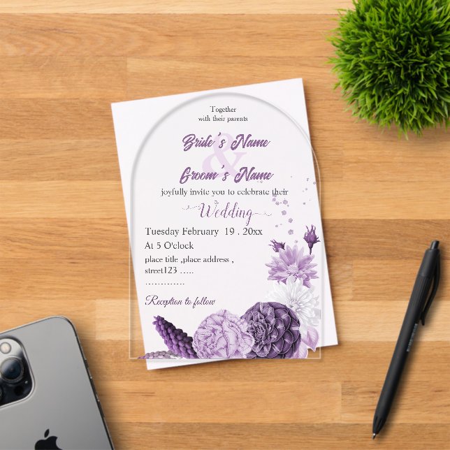 romantic purple flowers botanical wedding acrylic invitations (Insitu (Invitation Card))