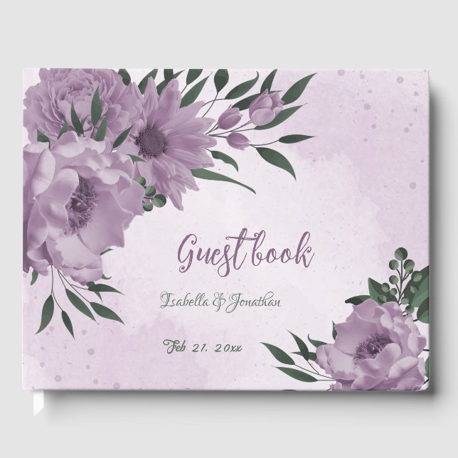 romantic purple flowers botanical wedding guest book (Front)
