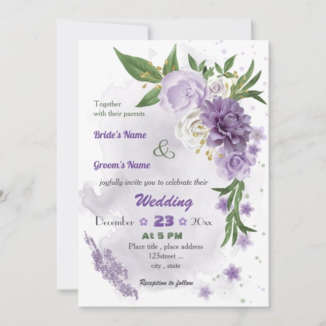 romantic purple flowers botanical wedding invitation (Front)