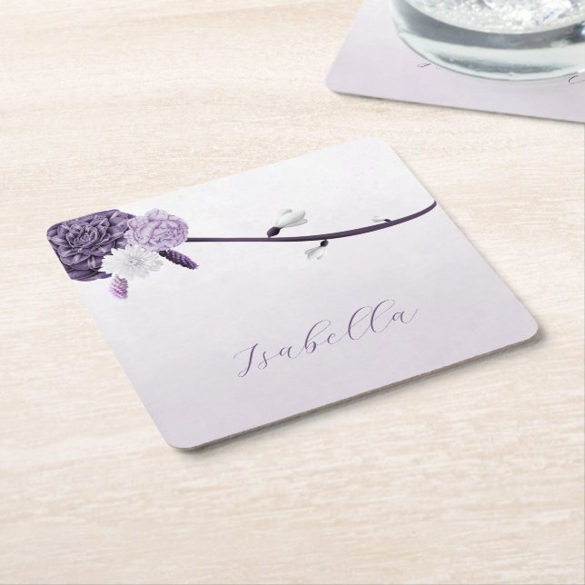 romantic purple flowers botanical wedding square paper coaster (Angled)