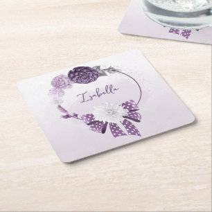 romantic purple flowers botanical wedding square paper coaster