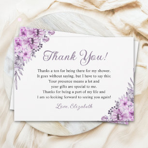Romantic Purple Flowers Bridal Shower Party Thank You Card