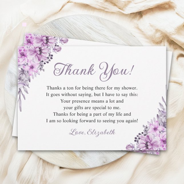 Romantic Purple Flowers Bridal Shower Party Thank You Card (Creator Uploaded)