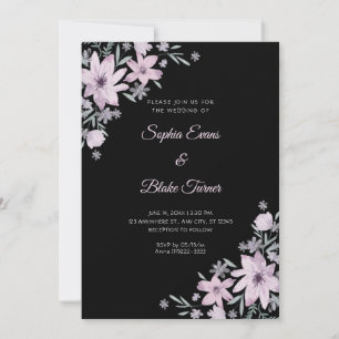 Romantic Purple Flowers Floral Black Wedding Invitation