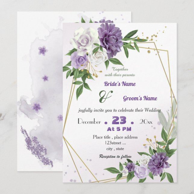 romantic purple flowers geometric wedding invitation (Front/Back)