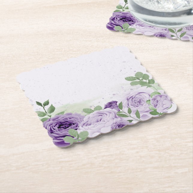 romantic purple flowers green leaves botanical  paper coaster (Angled)