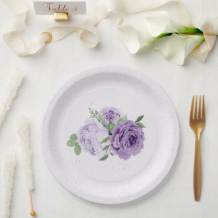 romantic purple flowers green leaves botanical paper plate