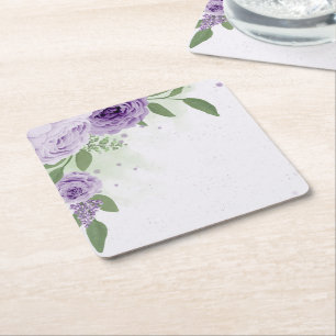 romantic purple flowers green leaves botanical square paper coaster