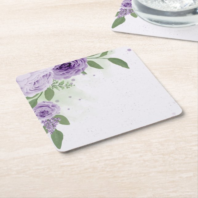 romantic purple flowers green leaves botanical square paper coaster (Angled)