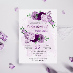 Romantic purple flowers greenery bridal shower invitation