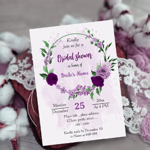 Romantic purple flowers greenery bridal shower invitation