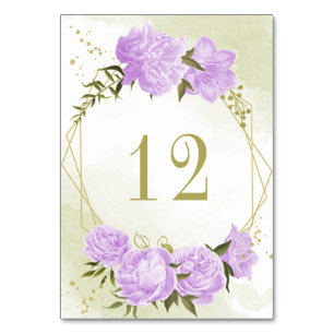 Romantic purple flowers greenery gold geometric table number