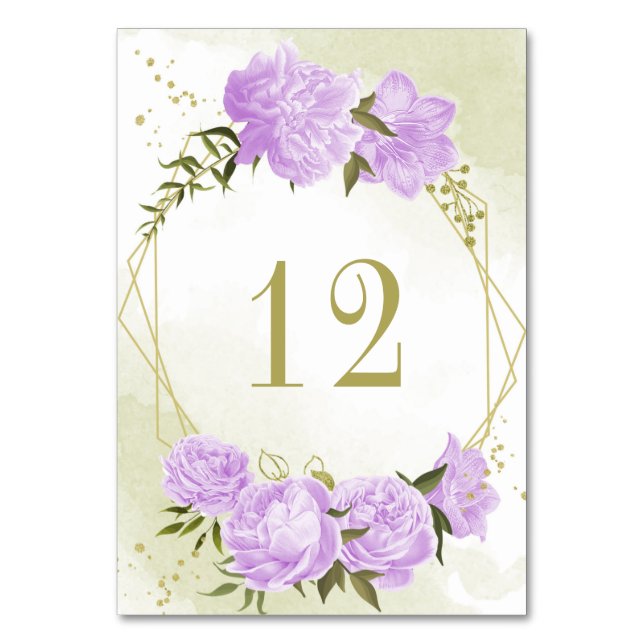 Romantic purple flowers greenery gold geometric table number (Front)